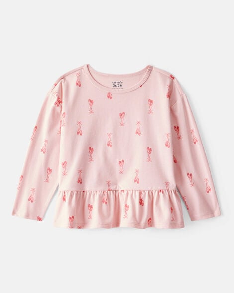Toddler Girl Print Cotton Long-Sleeve Peplum Top