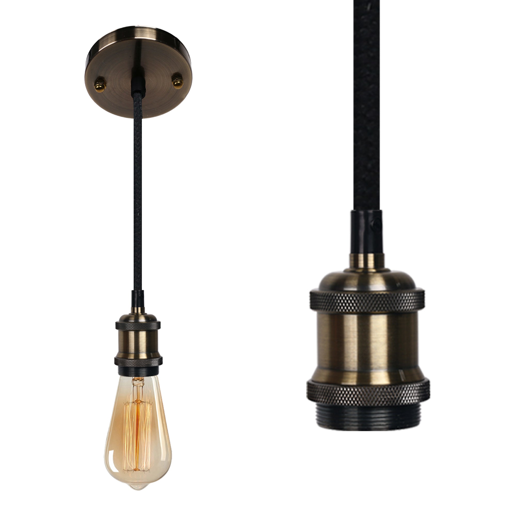 1-Light Pendant Light, Glossy Black Faux Ceramic Socket, Designer Black Cloth Hanging Cord,1PCS