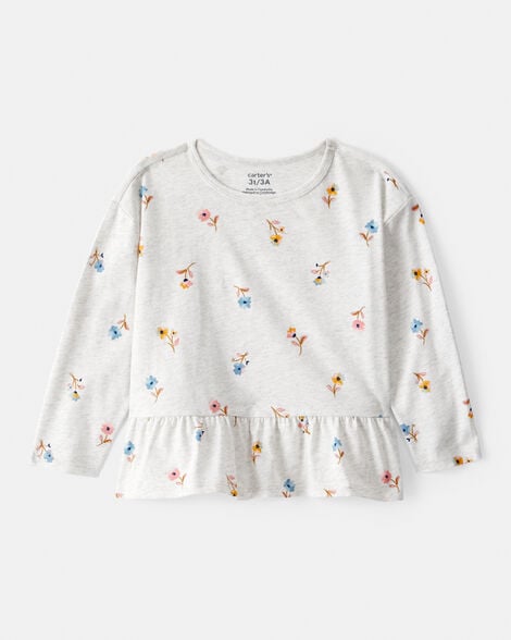 Toddler Girl Print Cotton Long-Sleeve Peplum Top