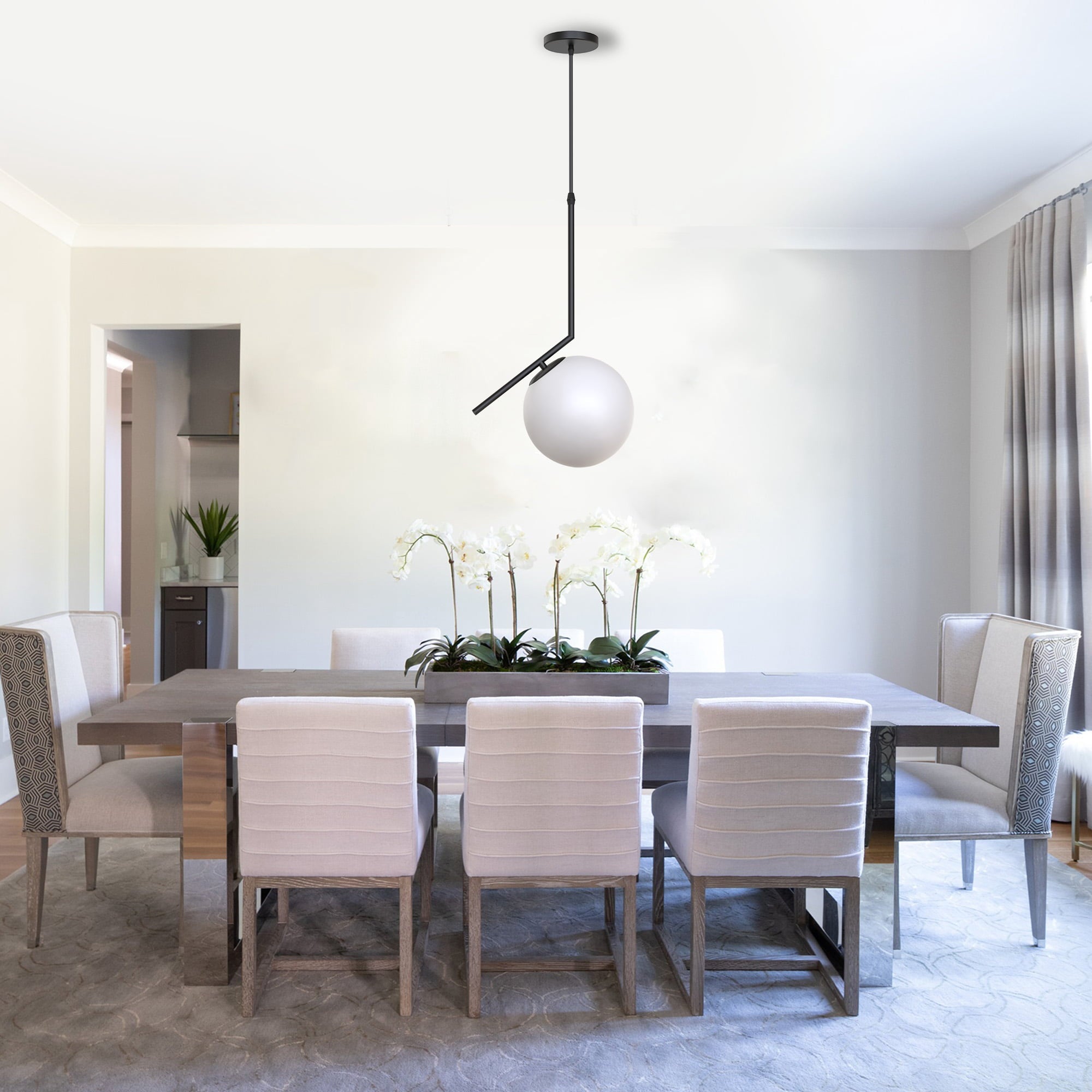 1-Light Straight Black Globe Pendant Light with White Frosted Glass Shade