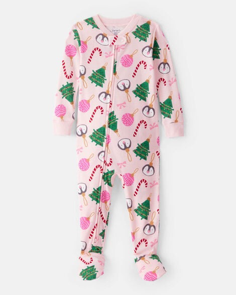 Toddler Girl Christmas Ornament Print 100% Cotton Long-Sleeve 2-Way Zip 1-Piece Pajamas - Pink