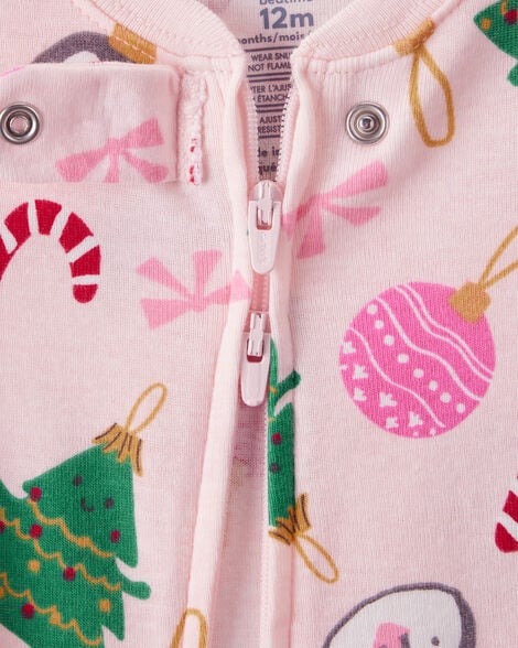 Toddler Girl Christmas Ornament Print 100% Cotton Long-Sleeve 2-Way Zip 1-Piece Pajamas - Pink