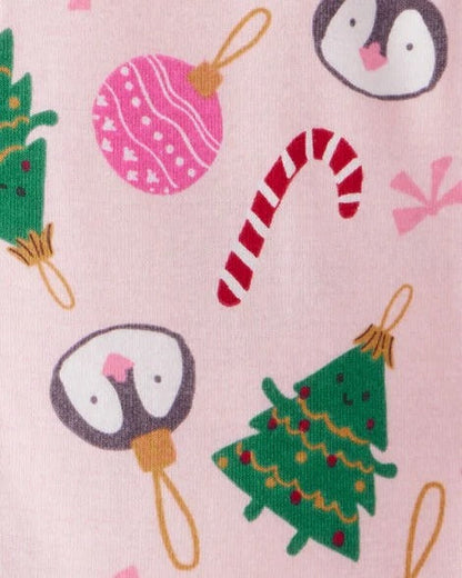 Toddler Girl Christmas Ornament Print 100% Cotton Long-Sleeve 2-Way Zip 1-Piece Pajamas - Pink